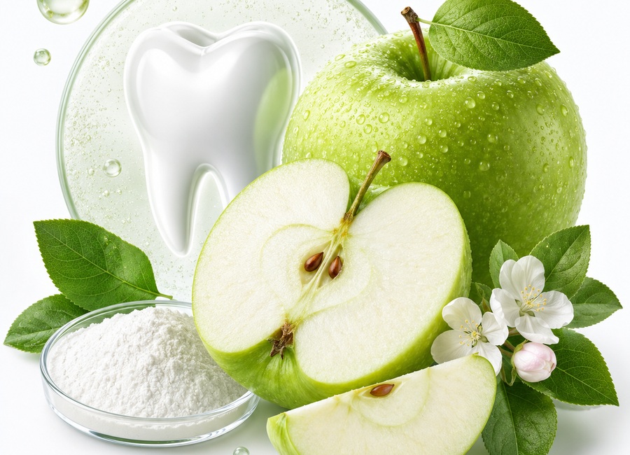 Premium visual of malic acid with green apple, tooth and natural brightness concept for ProDentim ingredient section