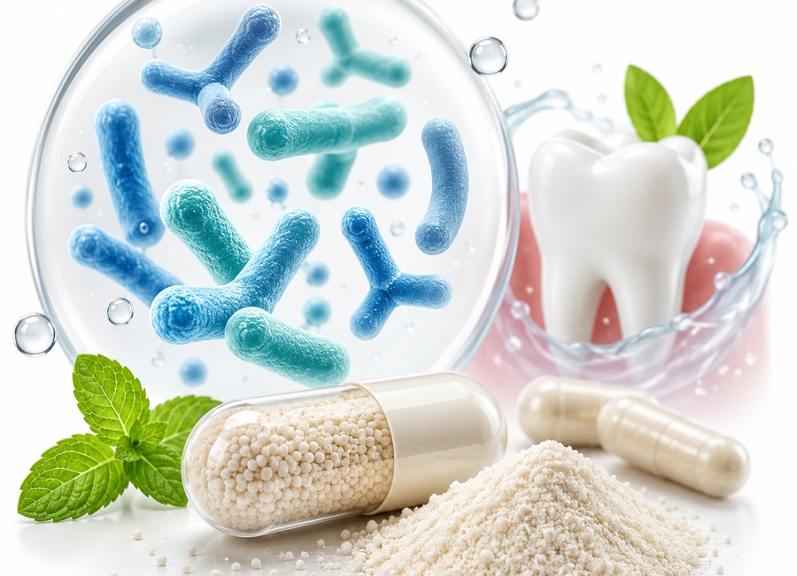 Premium visual of oral probiotic strains, capsules, tooth and peppermint for ProDentim ingredient section